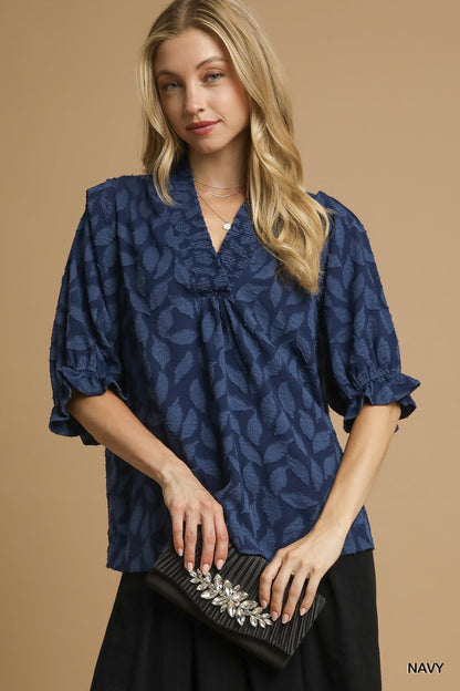 Umgee Floral Jacquard V-Neck Top