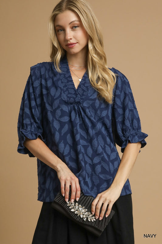 Umgee Floral Jacquard V-Neck Top