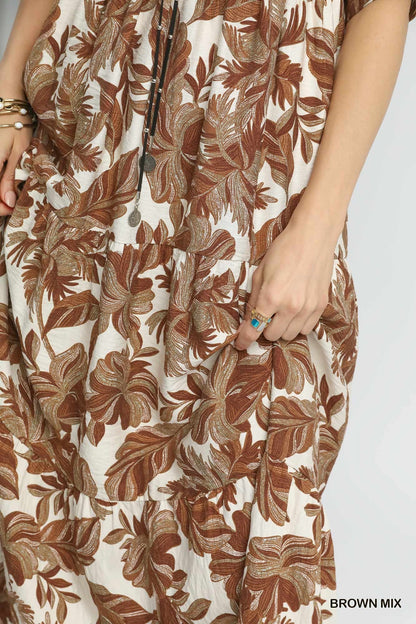 Umgee Boho Leaf Print Tiered Midi Dress