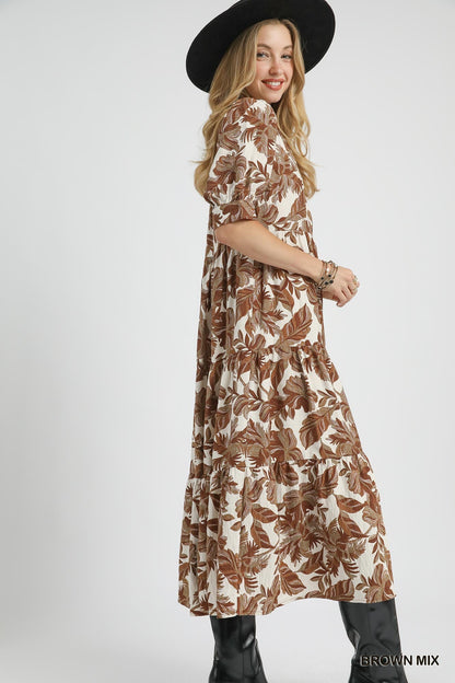 Umgee Boho Leaf Print Tiered Midi Dress