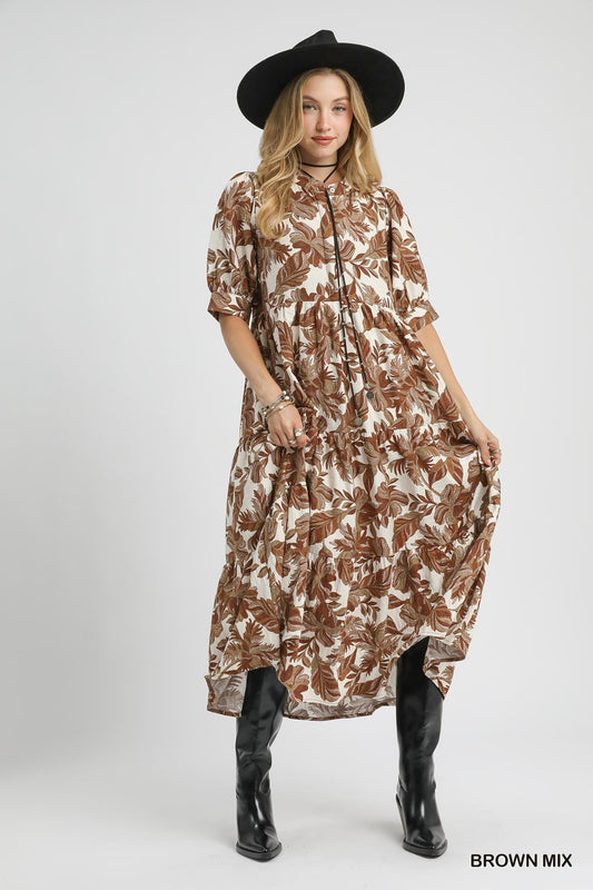 Umgee Boho Leaf Print Tiered Midi Dress