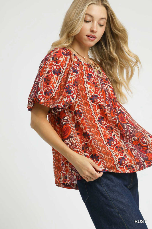 Umgee Boho Floral Stripe Puff Sleeve Blouse - Rust