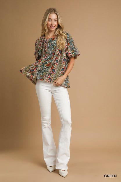 Umgee Boho Floral Stripe Puff Sleeve Blouse - Green
