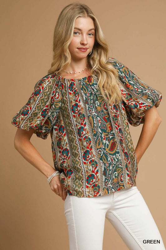 Umgee Boho Floral Stripe Puff Sleeve Blouse - Green