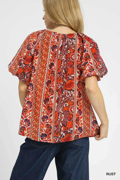 Umgee Boho Floral Stripe Puff Sleeve Blouse - Rust