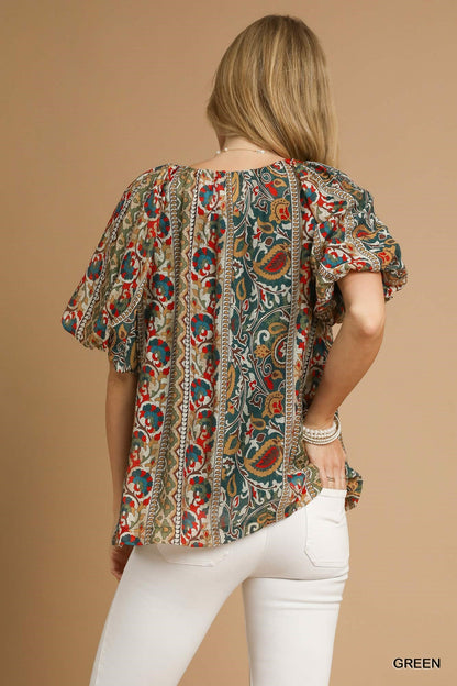 Umgee Boho Floral Stripe Puff Sleeve Blouse - Green