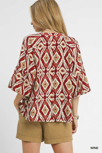 Umgee Boho Geo Print Ruffle Sleeve Top - wine