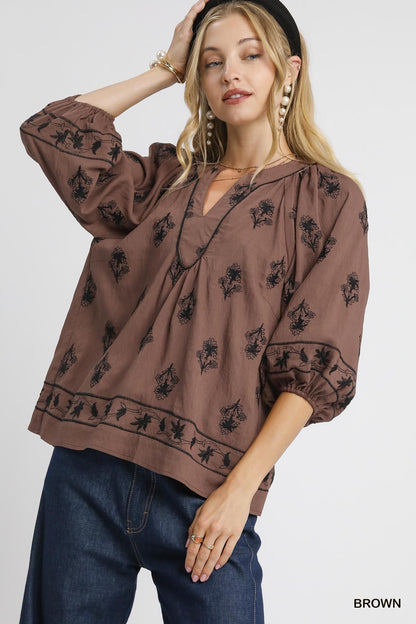 Umgee Embroidered 3/4 Top - Brown