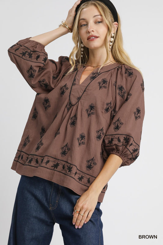 Umgee Embroidered 3/4 Top - Brown