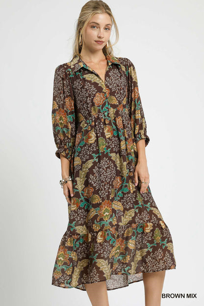 Umgee Mix Floral Collared Midi Dress