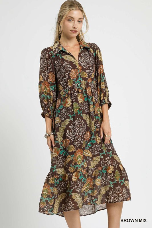 Umgee Mix Floral Collared Midi Dress