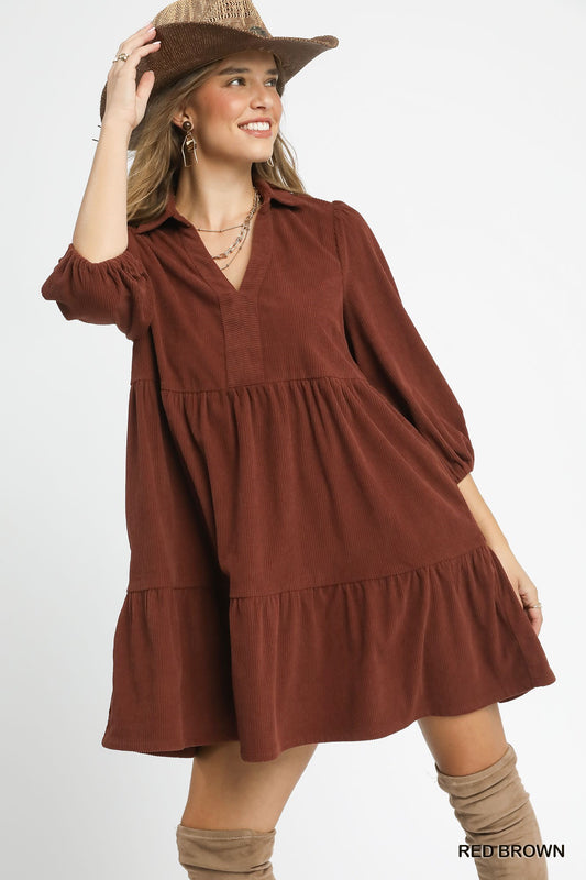 Umgee Tiered Corduroy Mini Dress with Balloon Sleeves - Red Brown