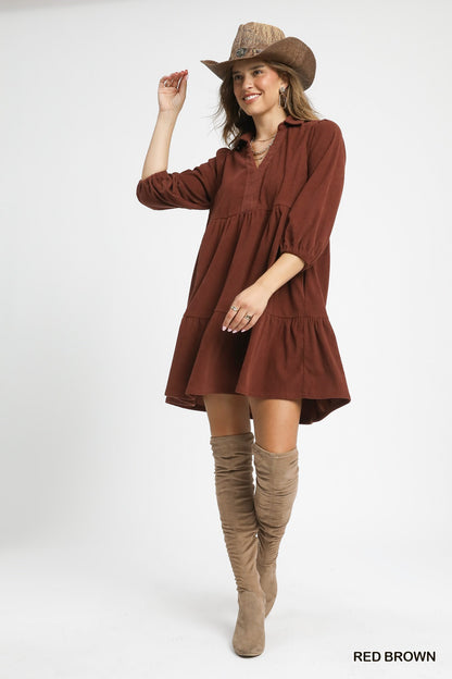 Umgee Tiered Corduroy Mini Dress with Balloon Sleeves - Red Brown