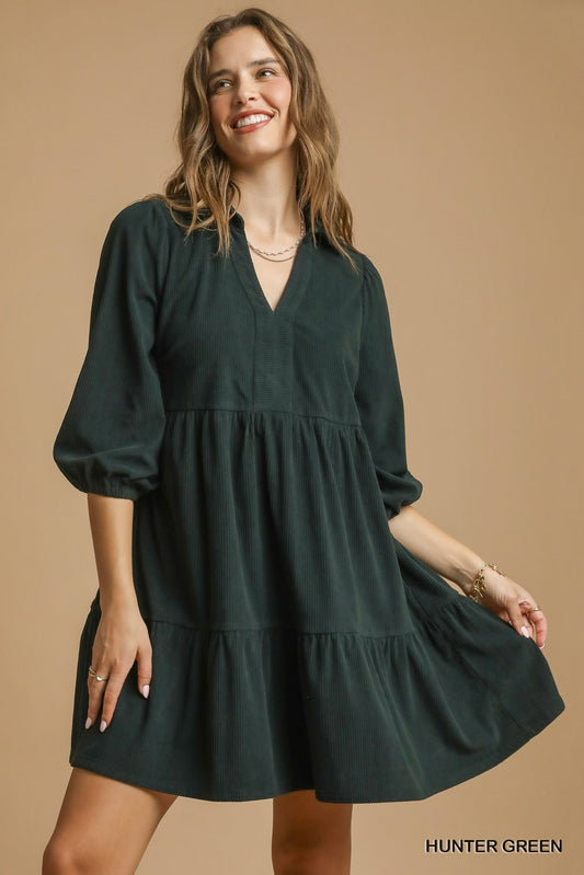 Umgee Tiered Corduroy Mini Dress with Balloon Sleeves - Hunter Green