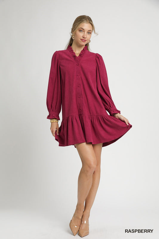 Umgee Corduroy Ruffle Trim Babydoll Dress - Raspberry