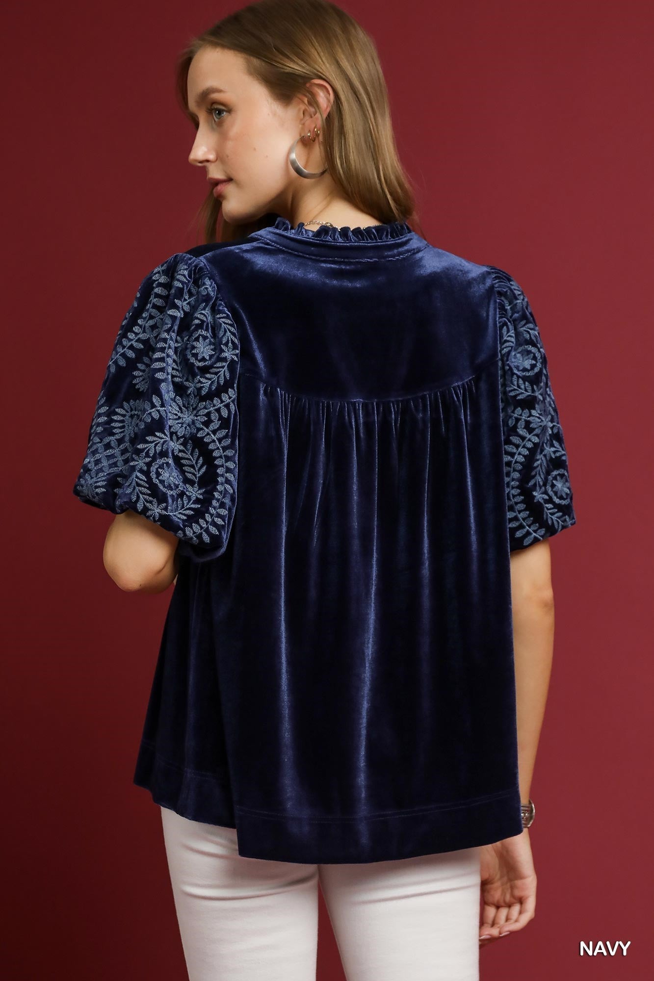 Umgee Velvet Embroidered Sleeve Top - Navy