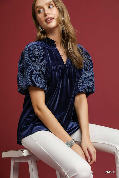 Umgee Velvet Embroidered Sleeve Top - Navy