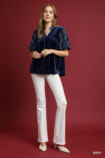 Umgee Velvet Embroidered Sleeve Top - Navy