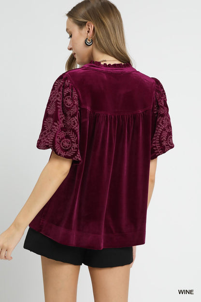 Umgee Velvet Embroidered Sleeve Top - Wine