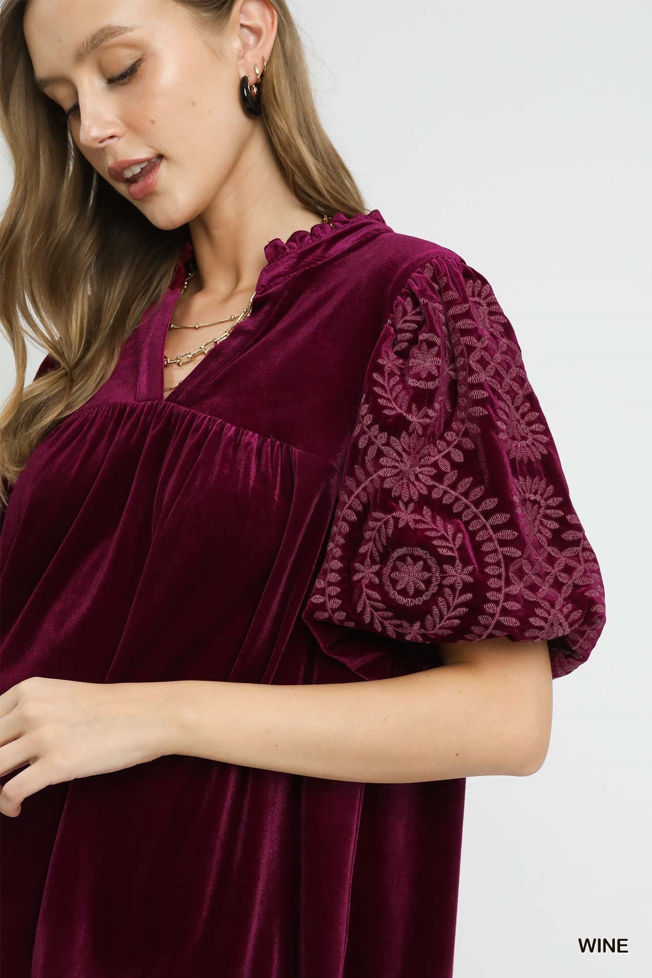 Umgee Velvet Embroidered Sleeve Top - Wine
