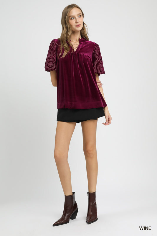 Umgee Velvet Embroidered Sleeve Top - Wine