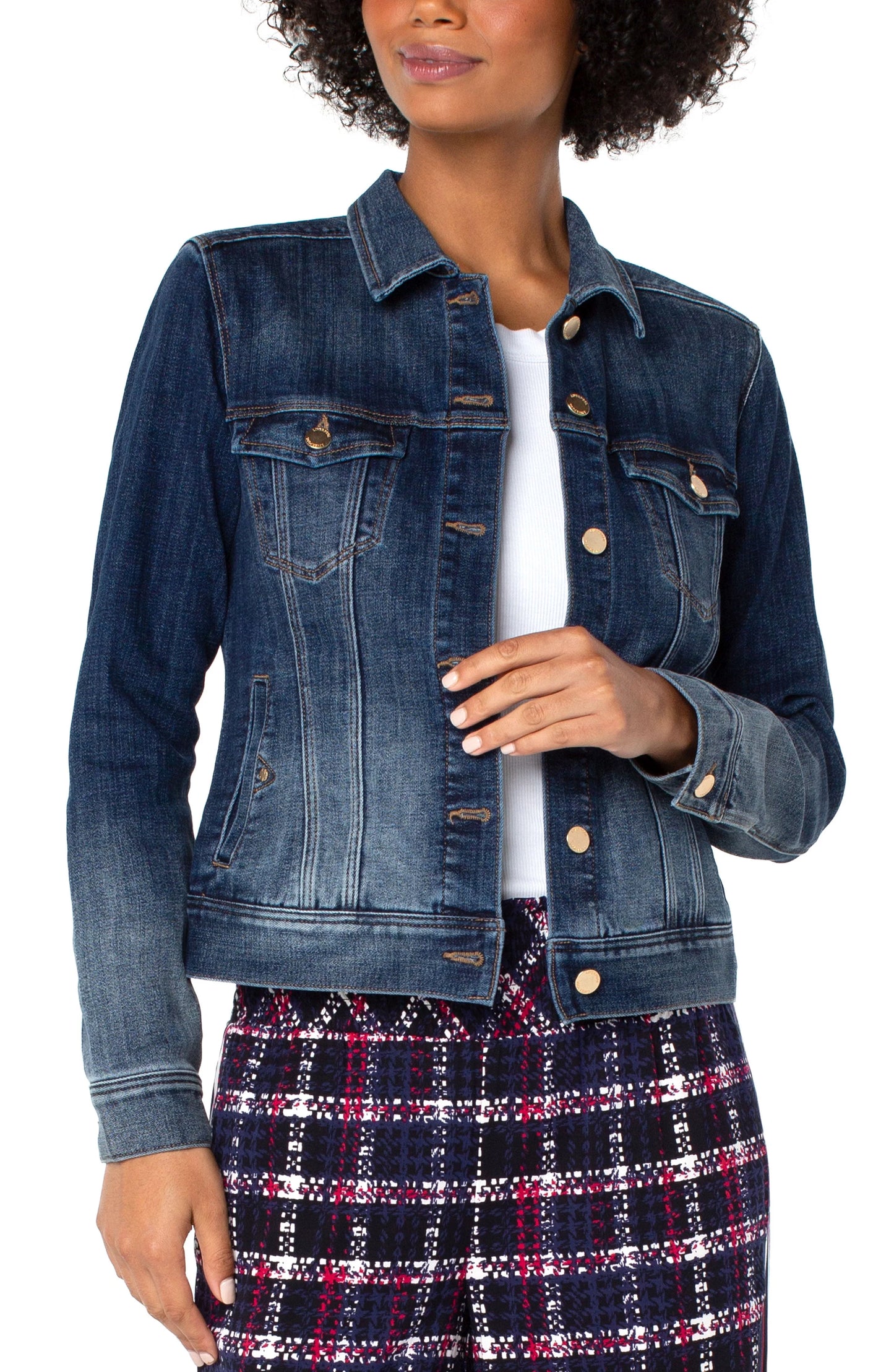 Liverpool  ombre denim jacket with golden hardware, stretch fabric, six-button closure, and multiple pockets.