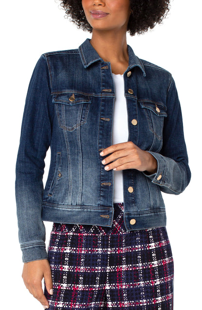 Liverpool  ombre denim jacket with golden hardware, stretch fabric, six-button closure, and multiple pockets.