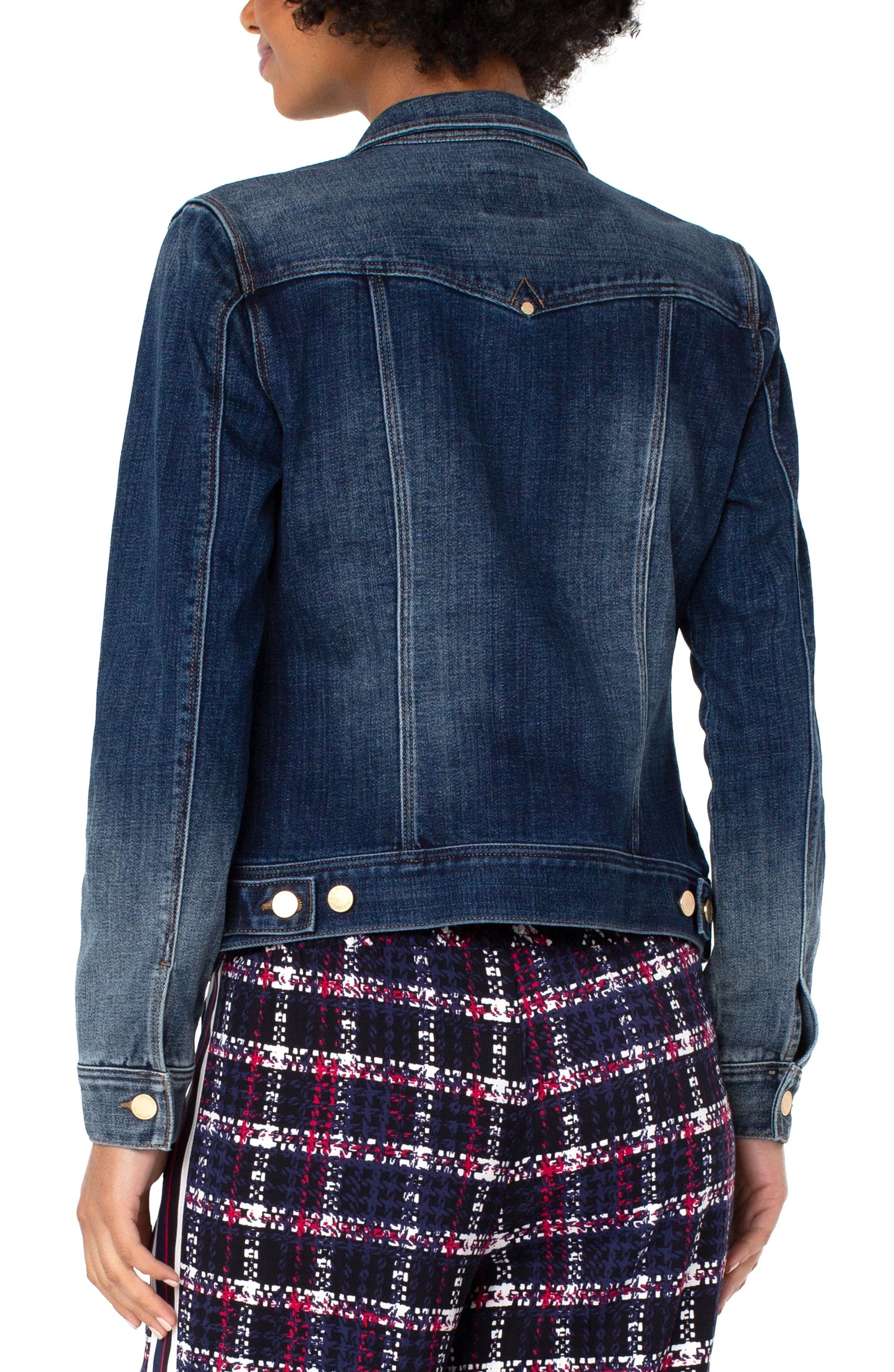 Back Liverpool ombre denim jacket with golden hardware, stretch fabric, six-button closure, and multiple pockets.