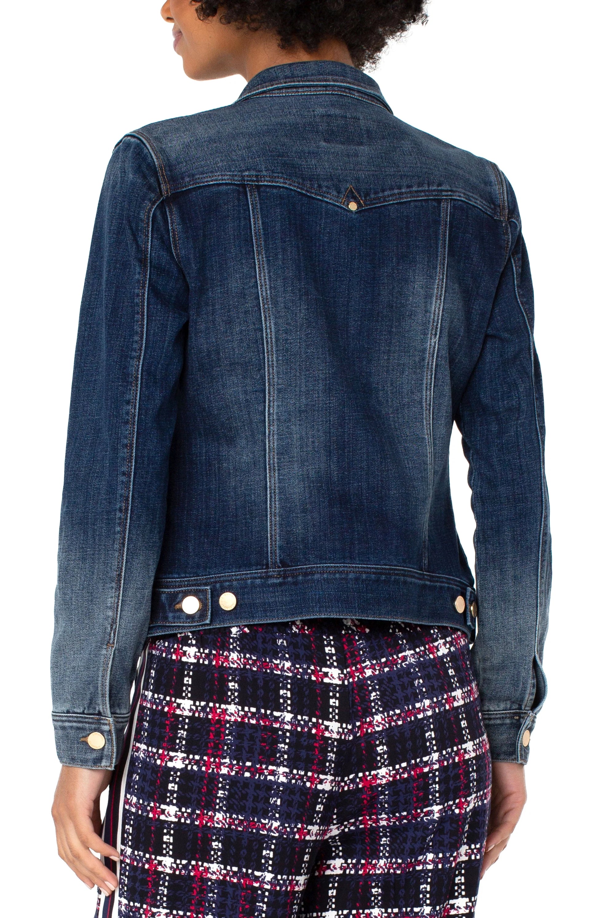 Back Liverpool ombre denim jacket with golden hardware, stretch fabric, six-button closure, and multiple pockets.