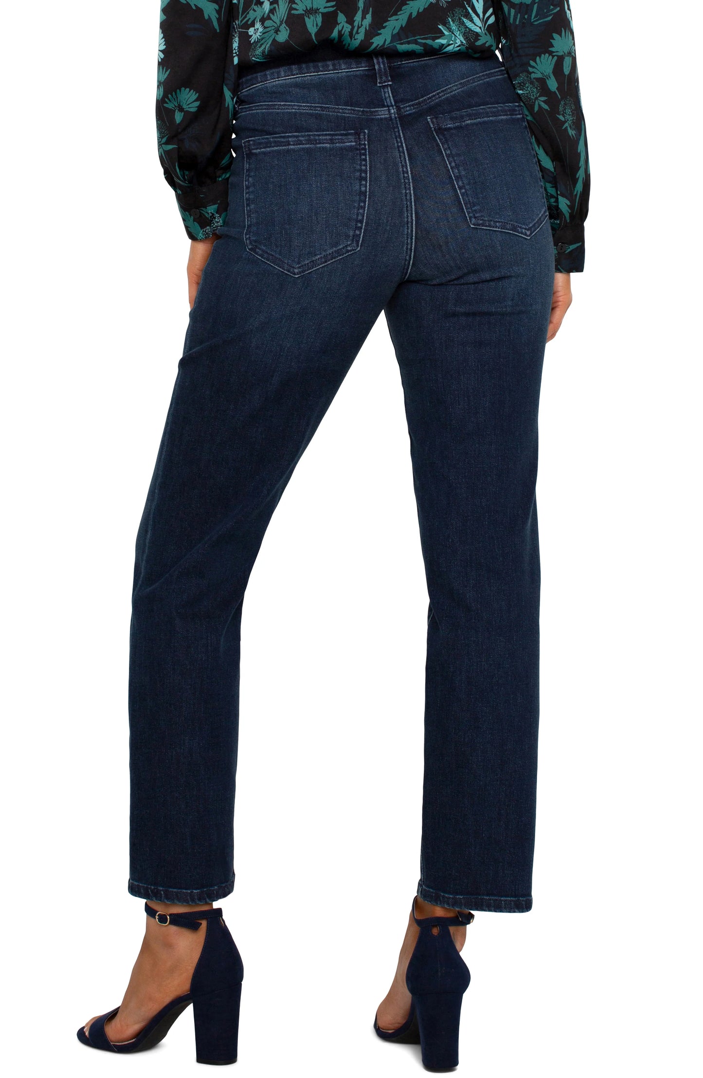 Back Liverpool Gia Glider straight-leg jeans with mid-rise fit, functioning pockets, 29-inch inseam, and sleek dark denim wash.