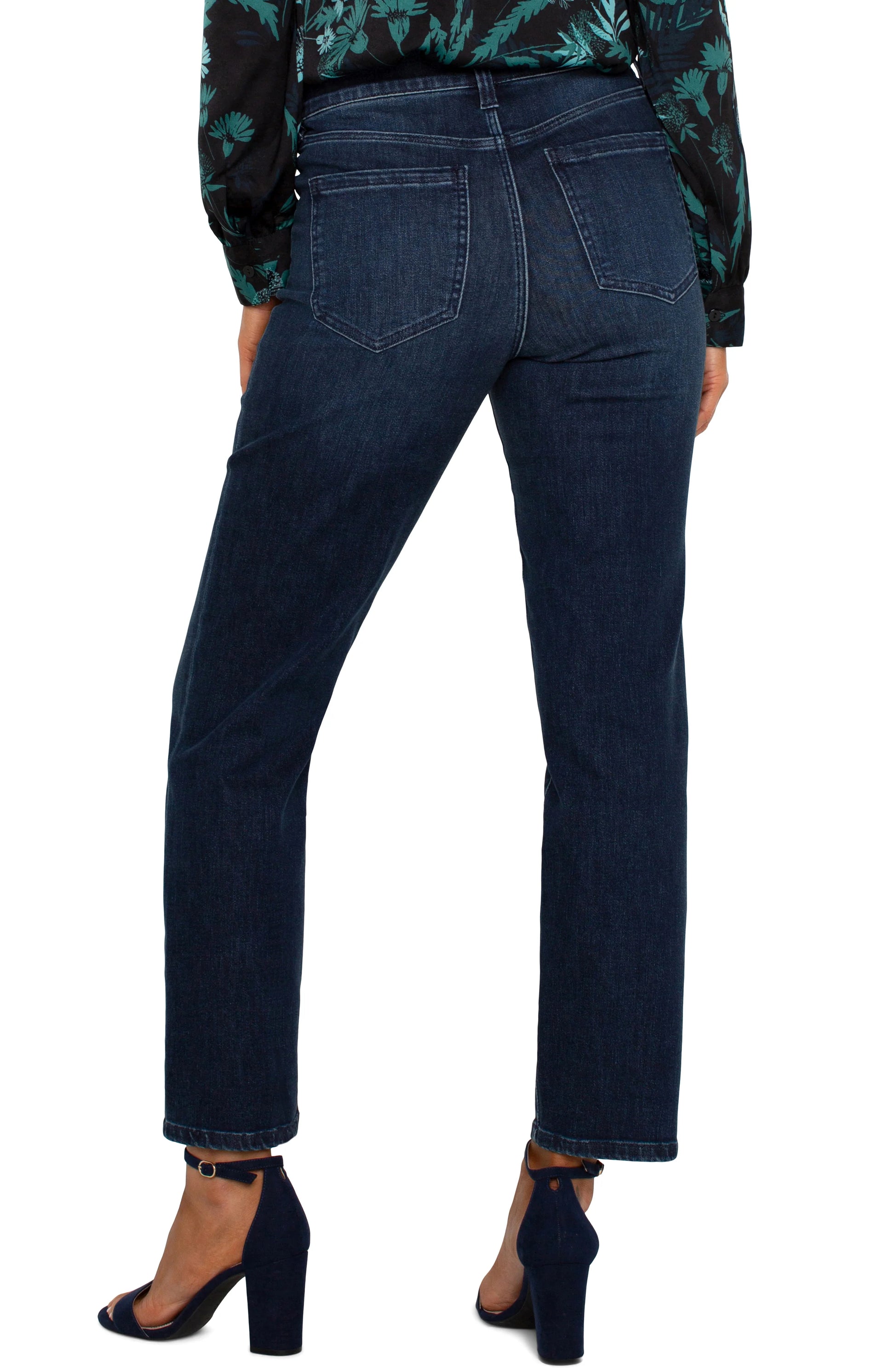 Back Liverpool Gia Glider straight-leg jeans with mid-rise fit, functioning pockets, 29-inch inseam, and sleek dark denim wash.