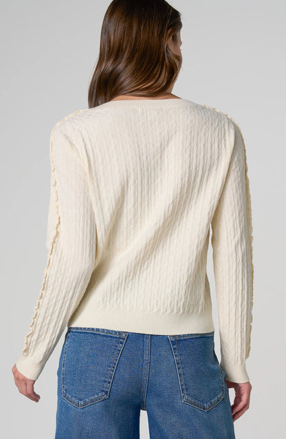 Back Soft knit women's button-front cardigan with long sleeves, delicate ruffle details, and ribbed neckline, hem, and cuffs.