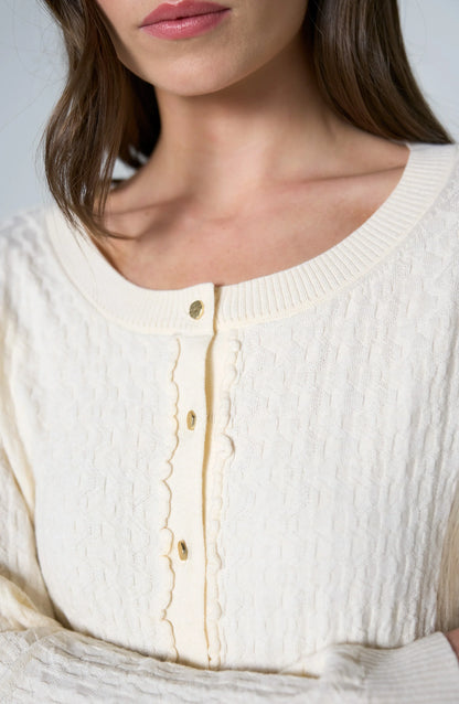 Liverpool Soft knit women's button-front cardigan with long sleeves, delicate ruffle details, and ribbed neckline, hem, and cuffs.