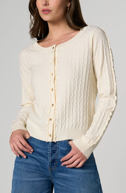 Liverpool Soft knit women's button-front cardigan with long sleeves, delicate ruffle details, and ribbed neckline, hem, and cuffs.