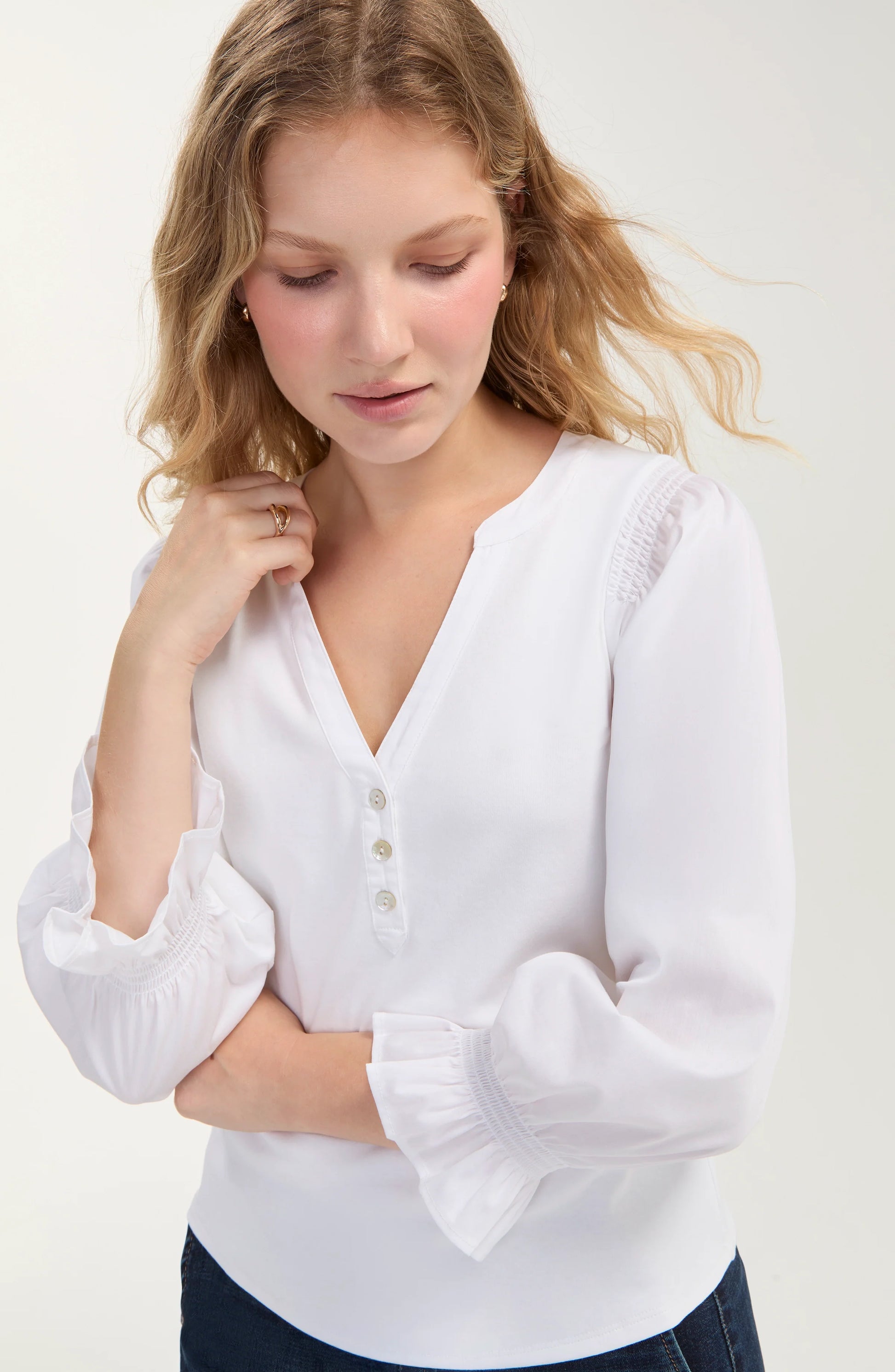 Liverpool Women's knit-to-woven boutique top with 3/4 sleeves, split scoop neckline, three-button detail, and elastic sleeve cuffs.