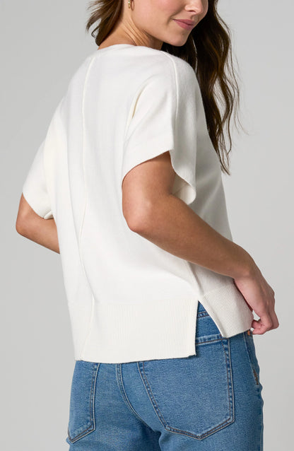 Back Soft knit women's V-neck dolman sleeve sweater with relaxed fit, short sleeves, stepped hem, and ribbed hem.