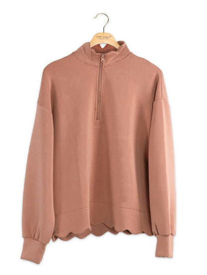 Women's Simply Southern scallop plunge pullover featuring a zip mock neckline, dropped shoulders, full-length sleeves, scalloped trim, and embroidered logo.