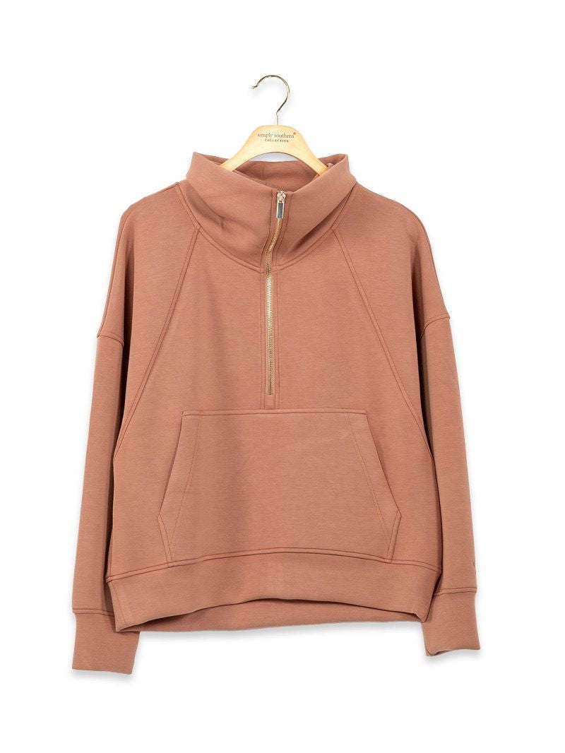 Simply Southern mocha half-zip pullover top with mock neckline, raglan long sleeves, and front kangaroo pocket in a relaxed casual style.