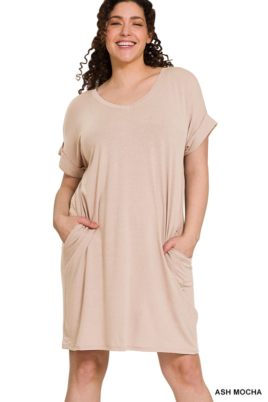 Plus Rolled Short Sleeve Dress - ASH MOCHA