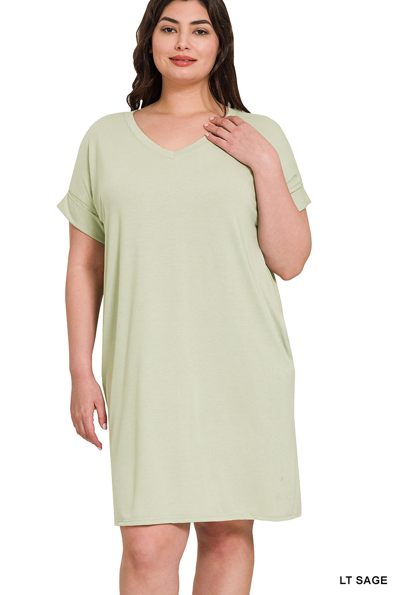 Plus Rolled Short Sleeve Dress - LT SAGE