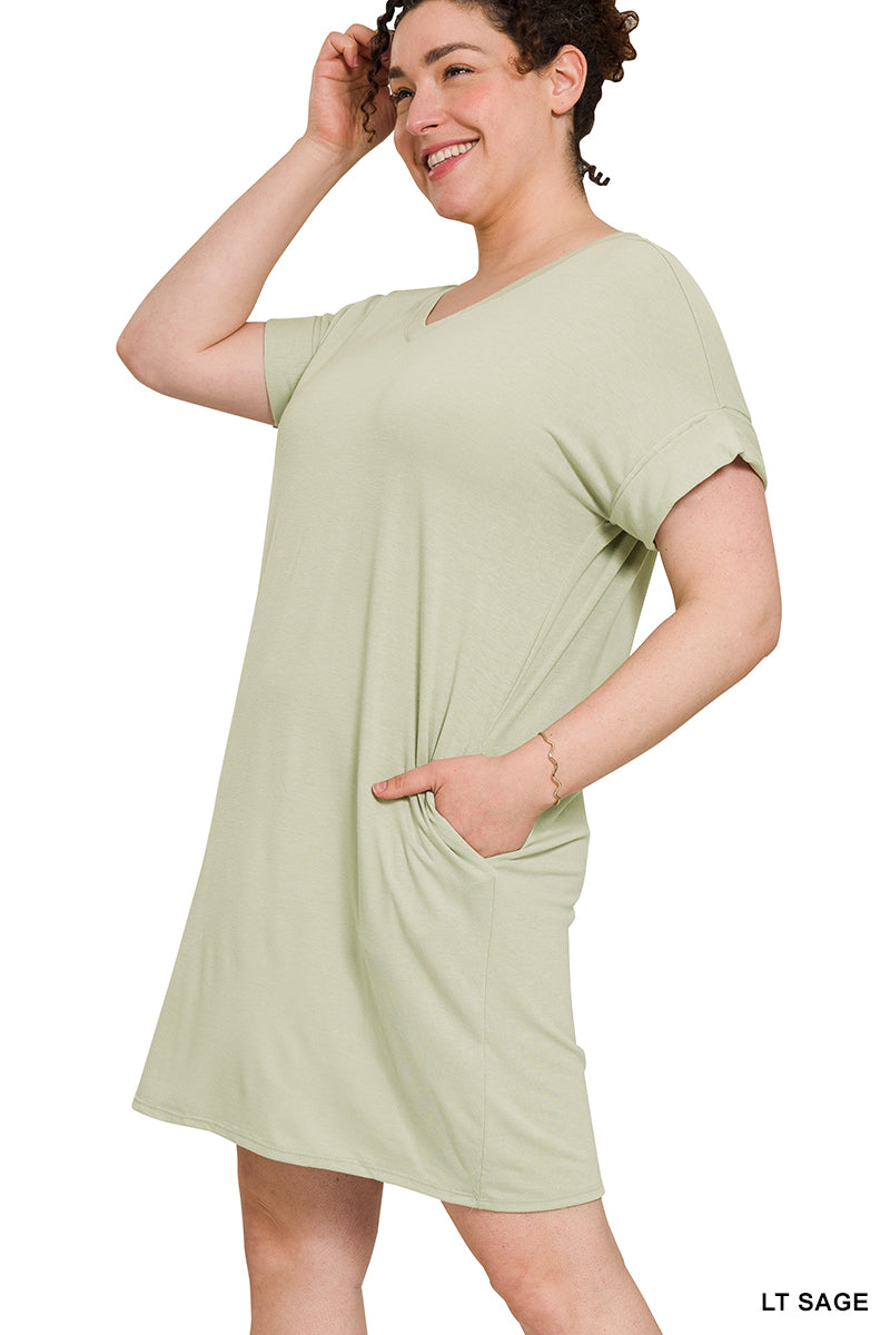 Plus Rolled Short Sleeve Dress - LT SAGE