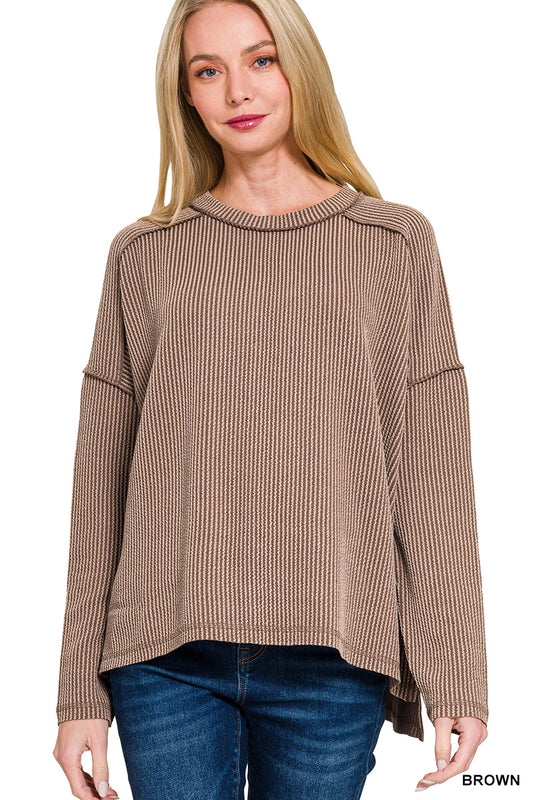 Zenana Raised rib raw edge boat neck long sleeve top