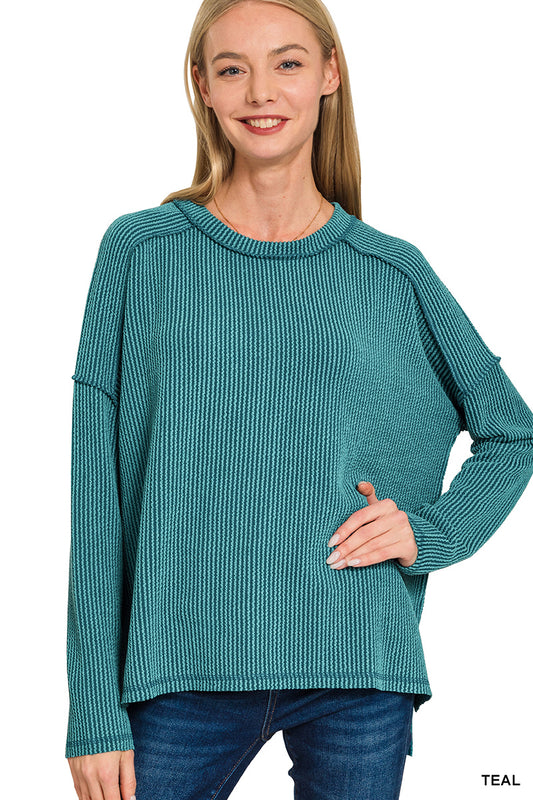Zenana Plus Raised rib raw edge boat neck long sleeve top - Teal