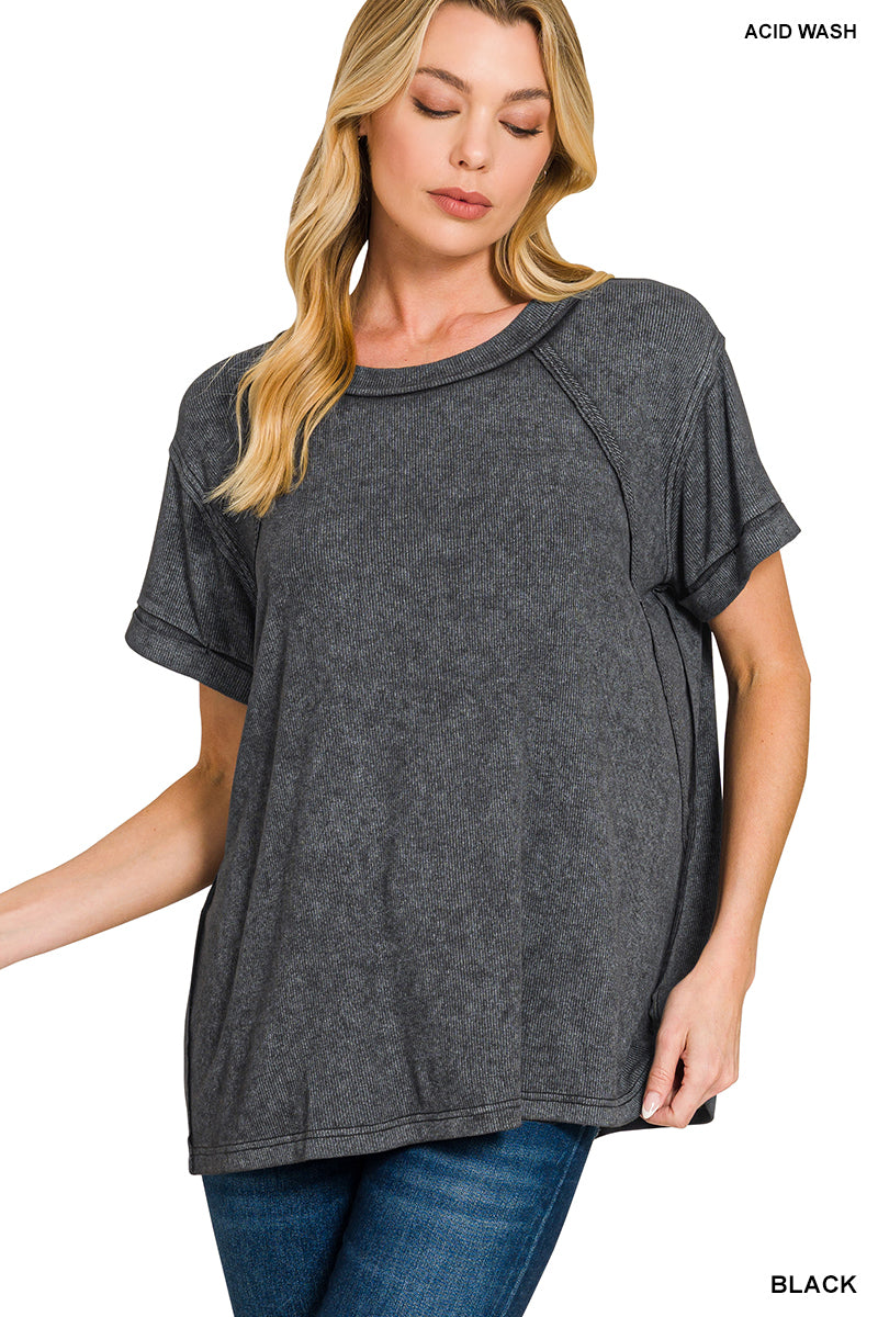 Front view of Zenana Washed Ribbed Cuffed Short Sleeve Top in black, soft and stretchy, perfect for casual or layered outfits.