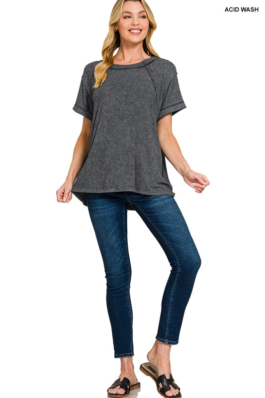 Washed ribbed cuffed short sleeve top - S - 3X - Black