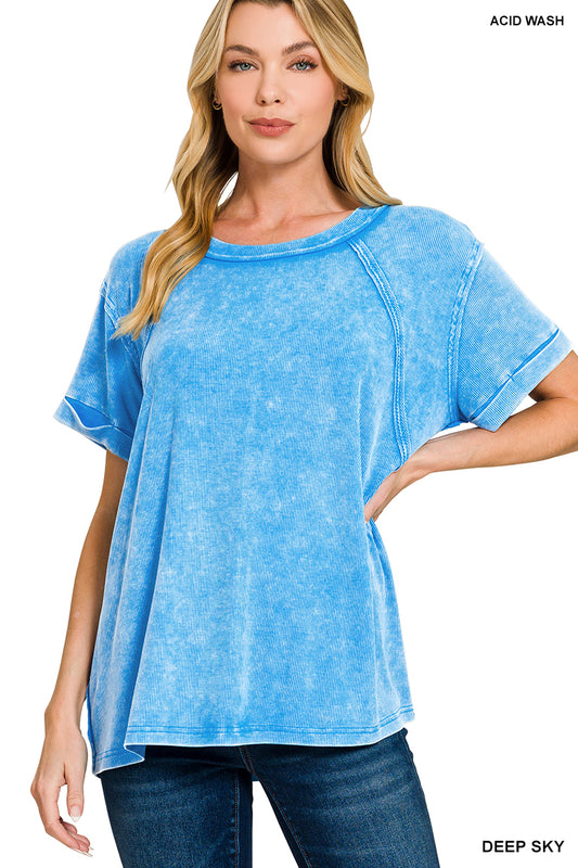 Zenana Washed Ribbed Cuffed Short Sleeve Top in sky blue, soft and stretchy, perfect for casual or layered outfits.
