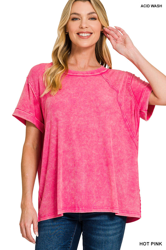 Washed ribbed cuffed short sleeve top - S - 3X - Hot Pink