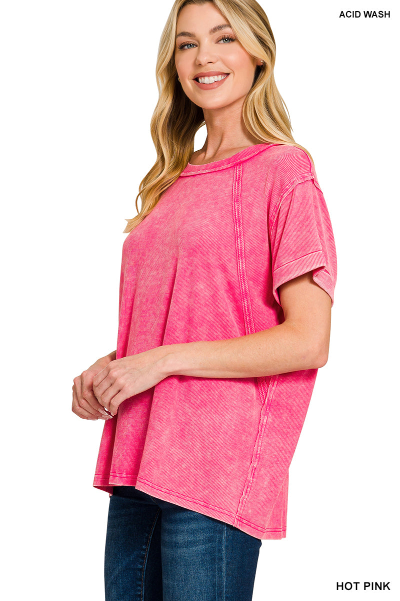 Washed ribbed cuffed short sleeve top - S - 3X - Hot Pink