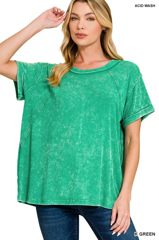 Zenana Washed Ribbed Cuffed Short Sleeve Top in Kelly Green, soft and stretchy, perfect for casual or layered outfits.