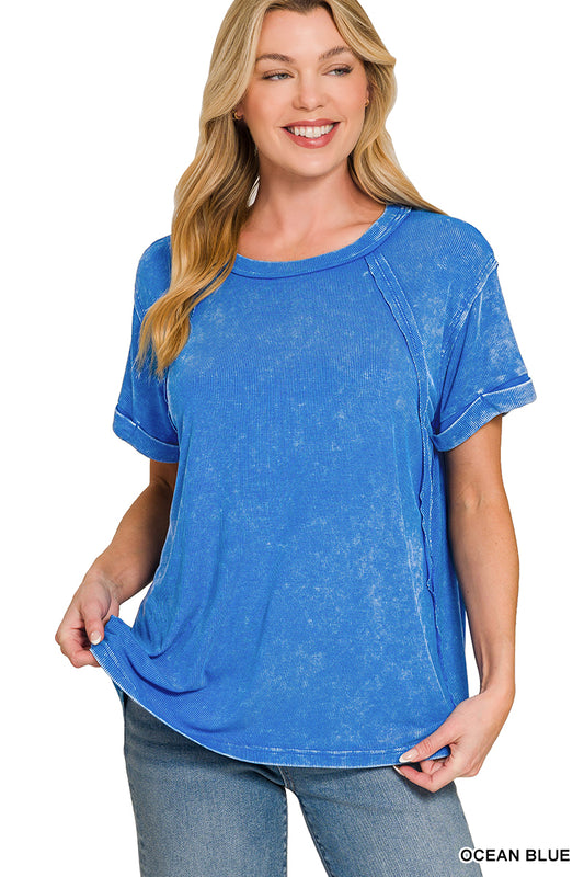 Washed ribbed cuffed short sleeve top - S - 3X - Ocean Blue